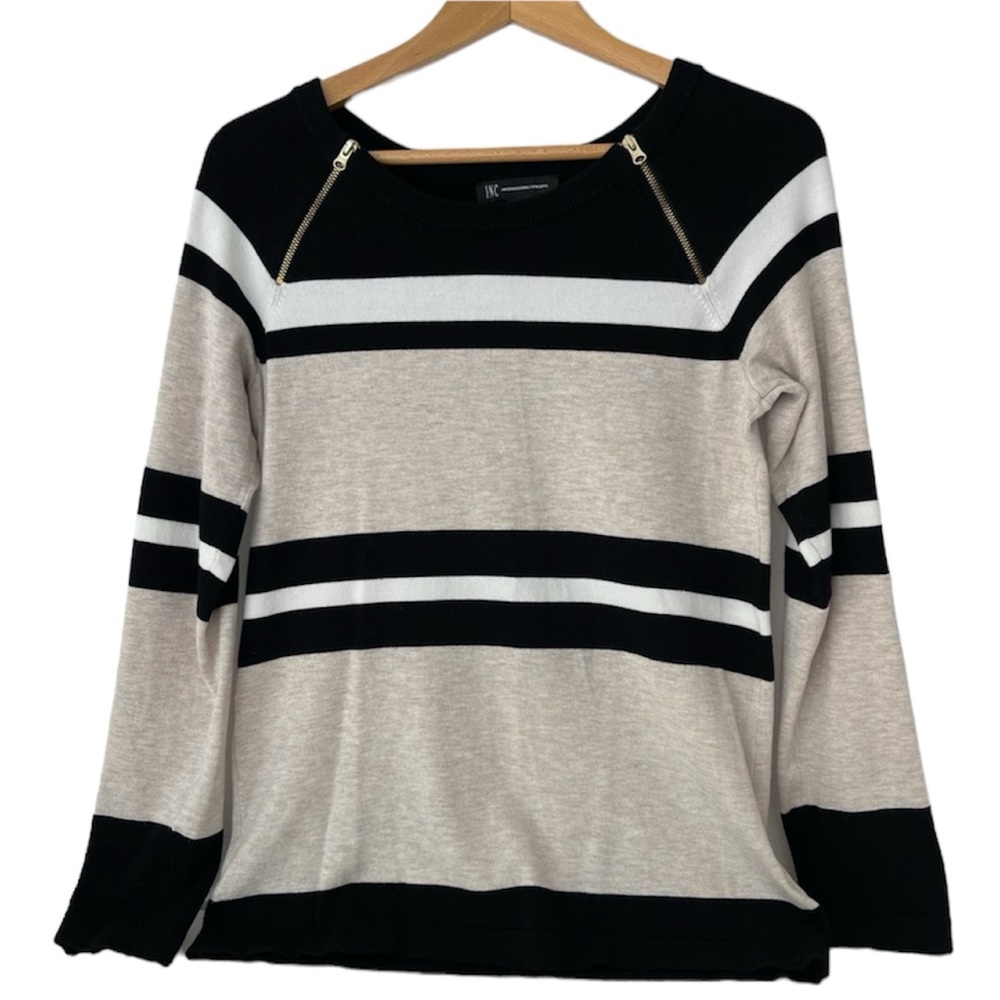 INC Sweater Crew Neck Striped Zipper Detailed Cream Black White Women’s Large